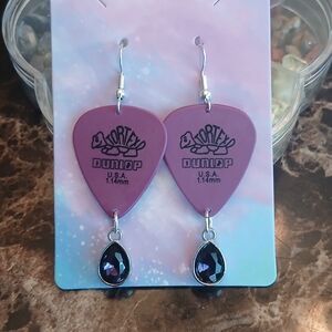 Dunlop Purple Guitar Pick Earrings with Black Gem